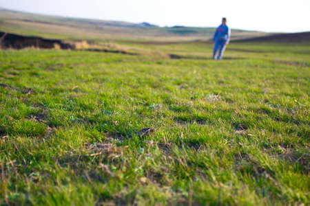 Girl on a walk, along the river bank, spring evening. In individual protection against coronavirus.の写真素材