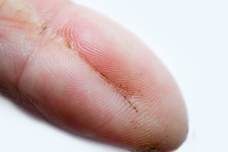 Wounded finger, healed finger wound on a white background.