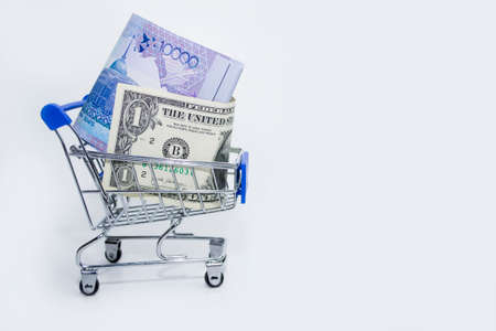 Tenge with dollar in a trolley on a white background, conversion, inflation.の写真素材