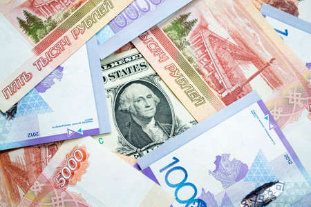 the dollar is littered with rubles and tenge, the global crisis.の写真素材