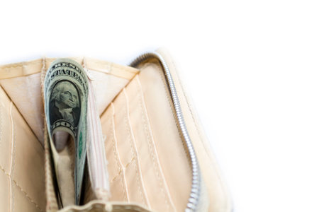 One dollar lies in a wallet on a white background.