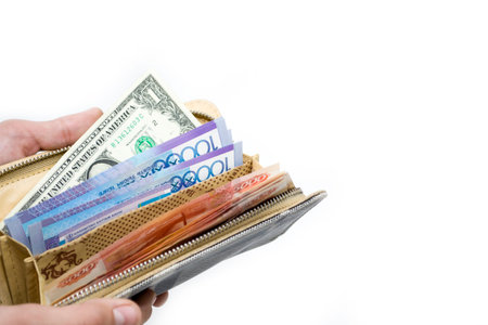 tenge, dollar, ruble. Open wallet with different bills of money.