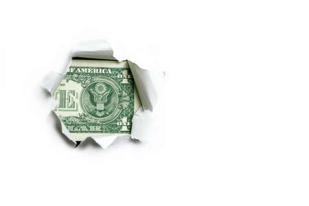 Dollar. One dollar different parts stick out in a hole on a white background.の写真素材