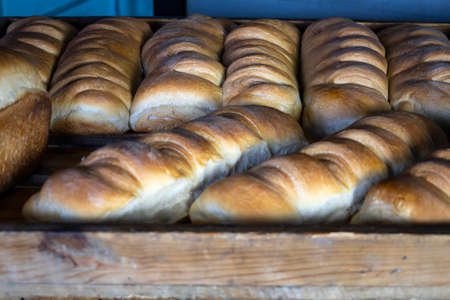 Hot loaves are laid out in trays for sale.の写真素材