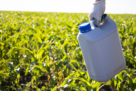 A gloved worker holds a canister against a background of corn. Treatment with corn fertilizers.の写真素材