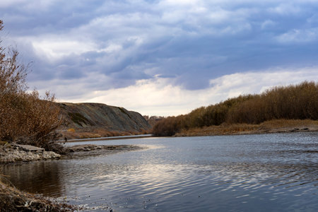 The Ishim River is a riverbed, an autumn landscape. High quality photo