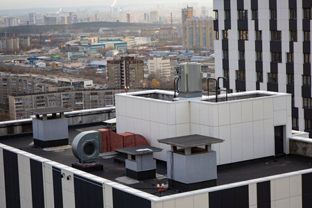 Roofs of high-rise buildings, ventilation of high-rise buildings. High quality photoの写真素材