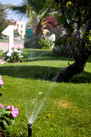A sprinkler is actively spraying water on a beautifully lush green lawn, ensuring it remains healthy and vibrant throughout the summerの写真素材