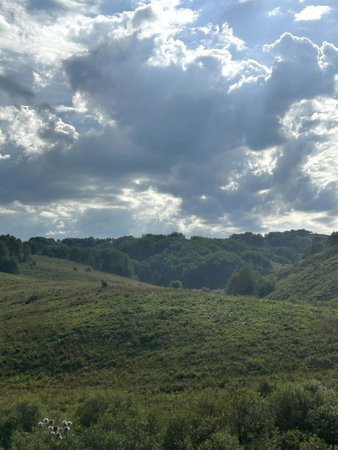 A vibrant, lush green field stretches out in front of us, with a beautiful, cloudy sky located in the background overheadの写真素材