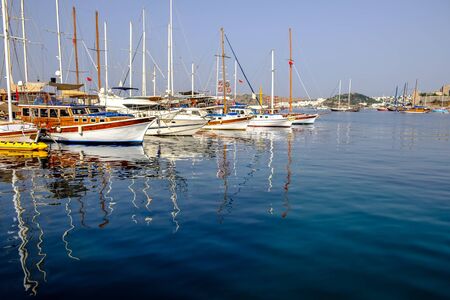 May 24, 2018, Bodrum, Turkey: Yachts parked in the harbor.の写真素材
