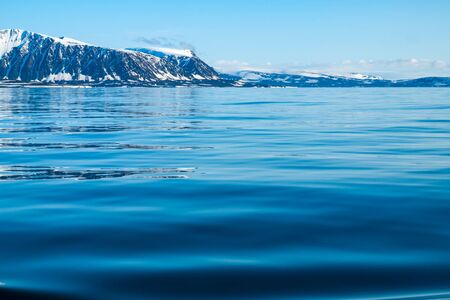 A view of the Arctic island from the sea, beyond the ocean, you can see the shore, the mountains covered with snow and the glacier slipping into the water, the Arctic, the Barents Sea.の写真素材
