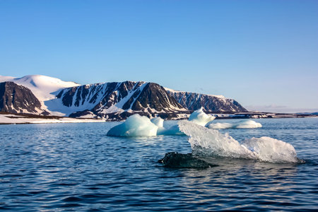 A view of the Arctic island from the sea, beyond the ocean, you can see the shore, the mountains...