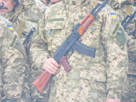 POLTAVA, UKRAINE - MARCH 29, 2015: Ukrainian soldiers swear a military oath of loyalty to Ukraine at...