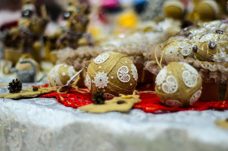 Balls of yarn on a table. Handmade souvenirの写真素材