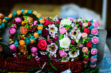 Different multicolored hair hoops with the flowersの写真素材