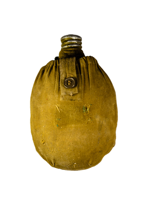 Army flask in rag khaki cover isolated on white backgroundの写真素材