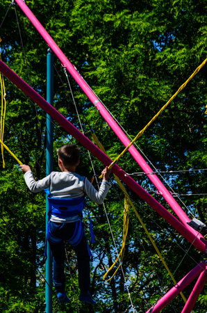 Little boy playing on a bungee trampoline