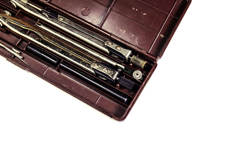 Case of drawing instruments isolated on white backgroundの写真素材