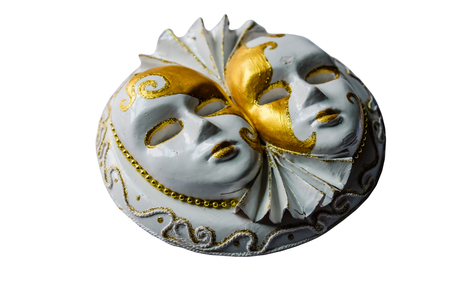 Gypsum sculpture of the two venecian masks isolated on white backgroundの写真素材
