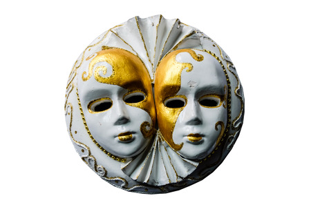 Gypsum sculpture of the two venecian masks isolated on white backgroundの写真素材