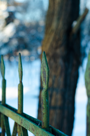 Old cast iron spiked fence in a city parkの写真素材