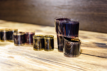 Old obsolete films on rustic wooden table