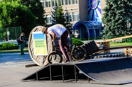 Kremenchug, Ukraine - June 05, 2017: Teenager riding bmx bike during the festival of street cultureのeditorial素材