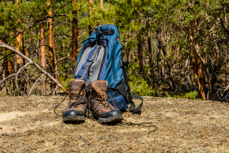 Backpack and touristic boots on a ground in coniferous forestの写真素材