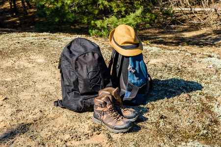 Two backpacks, touristic boots and hat on a ground in coniferous forestの写真素材
