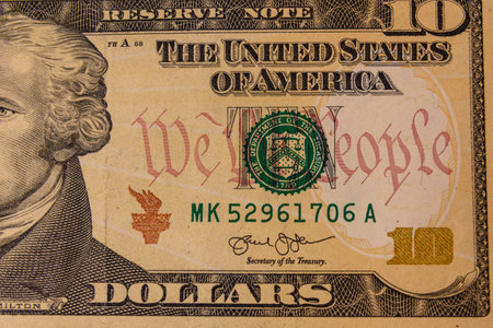 Closeup of the american ten dollars banknote