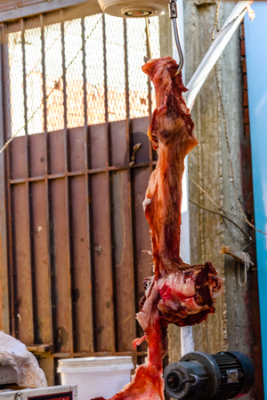 Piece of fresh beef hanging on hookの写真素材