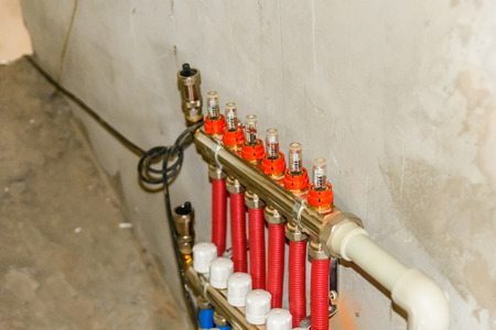 Details of central heating system in boiler roomの写真素材