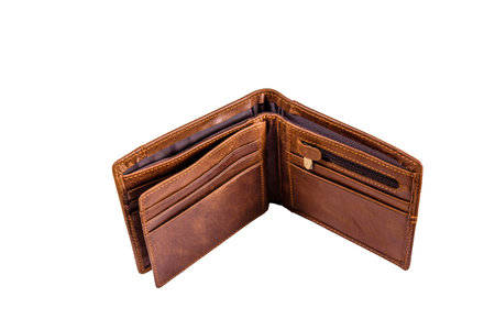 Opened brown leather wallet isolated on white background
