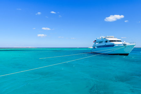 White yachts in Red sea not far from Hurghada city, Egypt