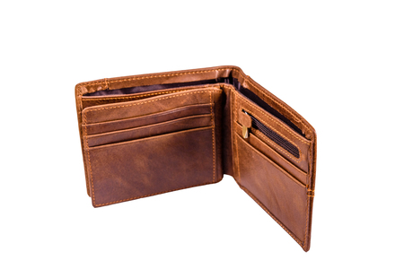 Opened brown leather wallet isolated on white backgroundの写真素材