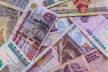 Heap of different egyptian banknotes for backgroundの写真素材