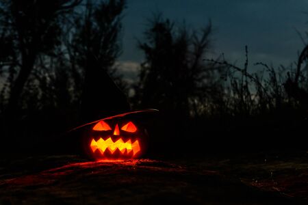 Carved halloween pumpkin jack-o-lantern wearing witch hat with burning candles glows in darkness. Spooky landscapeの写真素材
