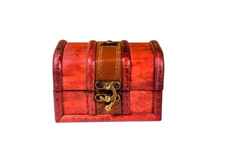 Closed vintage chest from red wood isolated on white backgroundの写真素材