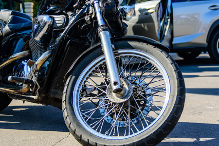 Closeup of classical cruiser or chopper motorcycle