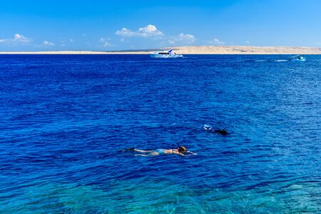 White yacht in Red sea not far from Hurghada city, Egyptの写真素材
