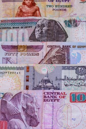 Heap of different egyptian banknotes for backgroundの写真素材