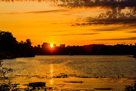 Sunset over bay of river Dnieper in Kiev, Ukraineの写真素材