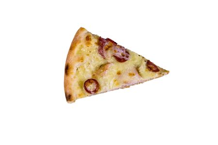 Piece of pizza with sausages, ham and parmesan cheese isolated on white backgroundの写真素材