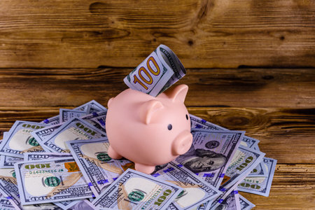 Pink piggy bank with one hundred dollar bill