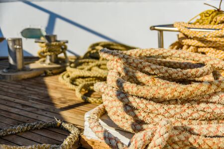 Ropes and different tackles on a yachtの写真素材