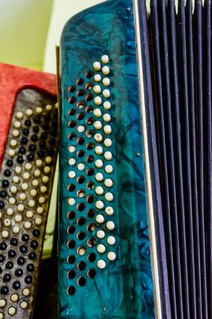 Old accordions. Vintage russian ethnic musical instrumentsの写真素材