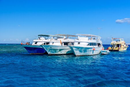 Hurghada, Egypt - December 7, 2018: People spending time on white yacht in Red sea not far from Hurghada city, Egyptのeditorial素材
