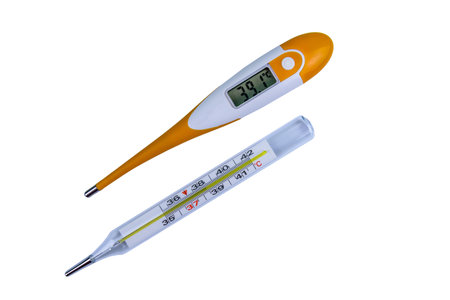 Electronic and mercury thermometers isolated on white background. Healthcare and medicine concept