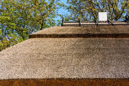 Thatch roof of traditional ukrainian house in countrysideの写真素材