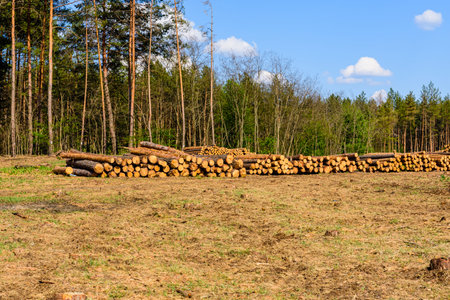 Stacked tree logs of pine wood in forest. Forest felling. Timber storage